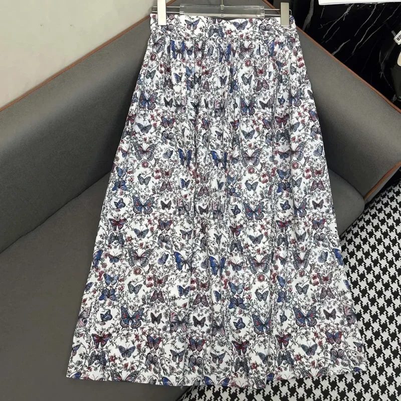 Dior Women Mid-Length Flared Skirt White Cotton Muslin with Multicolor Toile de Jouy Papillon Motif