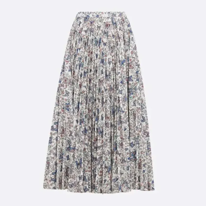 Dior Women Mid-Length Pleated Skirt White Lightweight Cotton Denim 522J04A3064