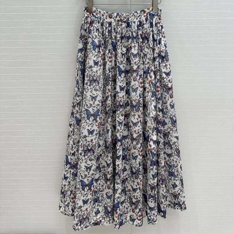 Dior Women Mid-Length Pleated Skirt White Lightweight Cotton Denim 522J04A3064