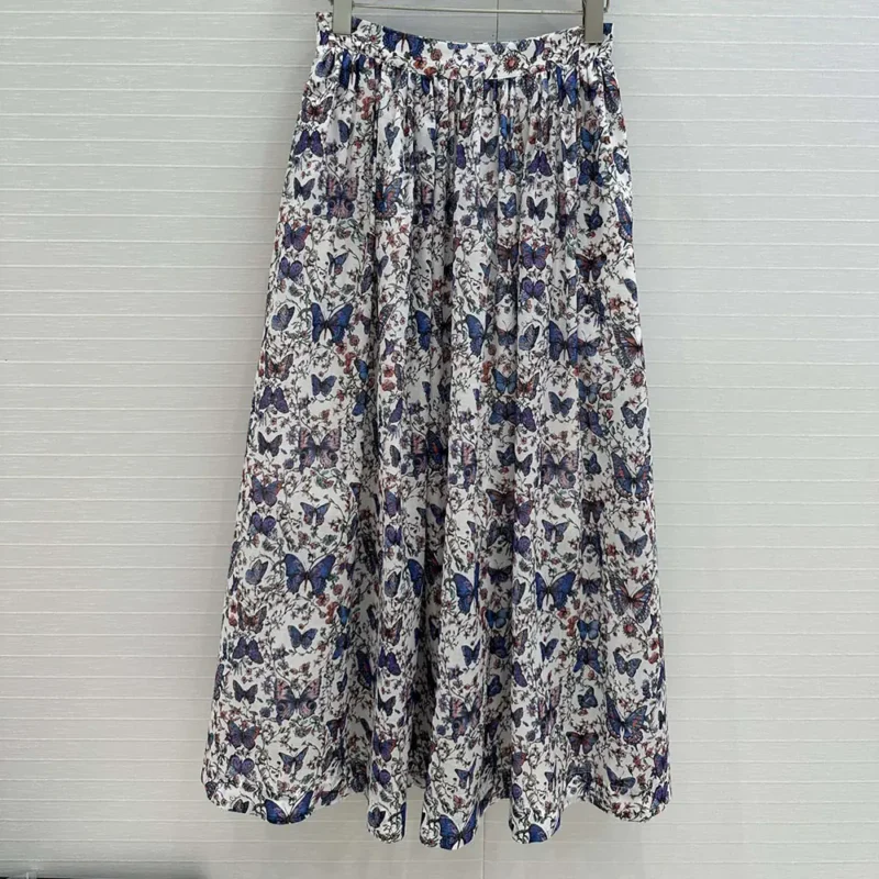 Dior Women Mid-Length Pleated Skirt White Lightweight Cotton Denim 522J04A3064
