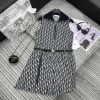 Dior Women Pleated Short Dress Blue and Ecru Technical Taffeta Jacquard with Dior Oblique Motif