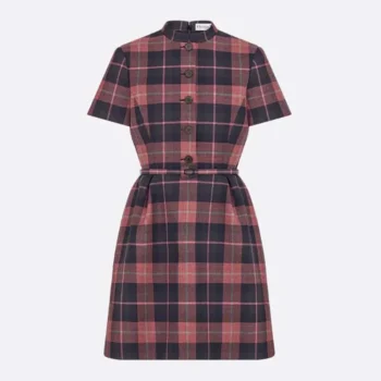 Dior Women Short Belted Dress Pink Gray and White Check’n’Dior Virgin Wool