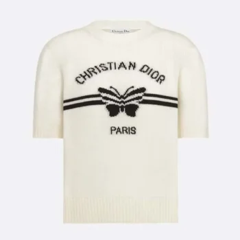 Dior Women Short-Sleeved Sweater White Cashmere Knit with Black Christian Dior Papillon Motif