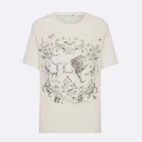 Dior Women T-Shirt White Cotton and Linen Jersey with Black Dior Cabinet de Curiosités Motif