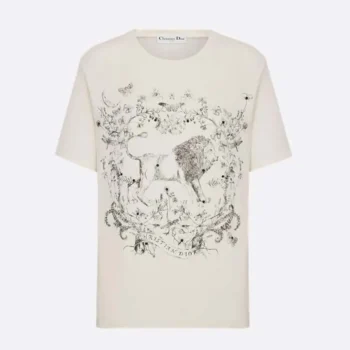 Dior Women T-Shirt White Cotton and Linen Jersey with Black Dior Cabinet de Curiosités Motif