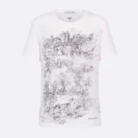 Dior Women T-Shirt White Cotton and Linen Jersey with Black Toile de Jouy Scotland Motif