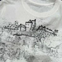 Dior Women T-Shirt White Cotton and Linen Jersey with Black Toile de Jouy Scotland Motif