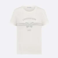 Dior Women T-Shirt White Cotton and Linen Jersey with Gray Christian Dior Papillon Motif