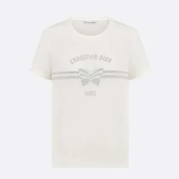 Dior Women T-Shirt White Cotton and Linen Jersey with Gray Christian Dior Papillon Motif