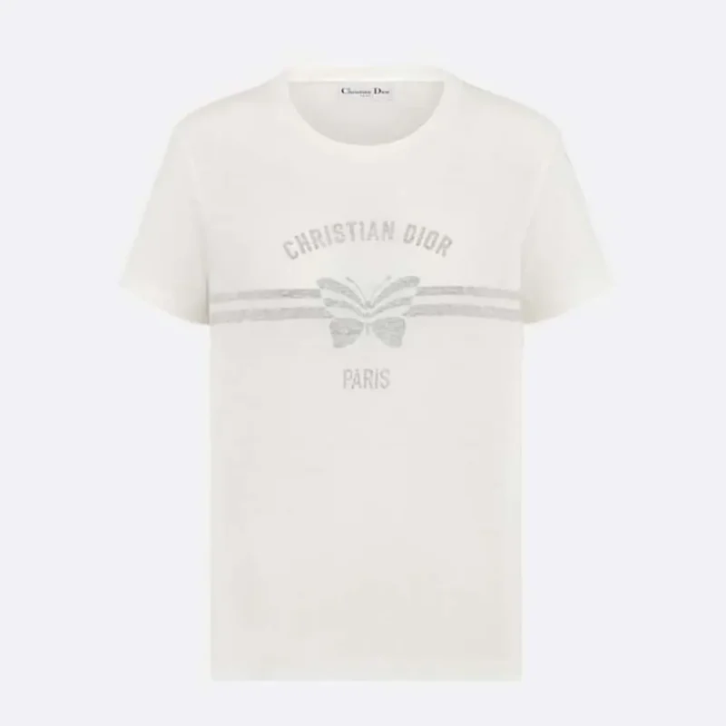 Dior Women T-Shirt White Cotton and Linen Jersey with Gray Christian Dior Papillon Motif