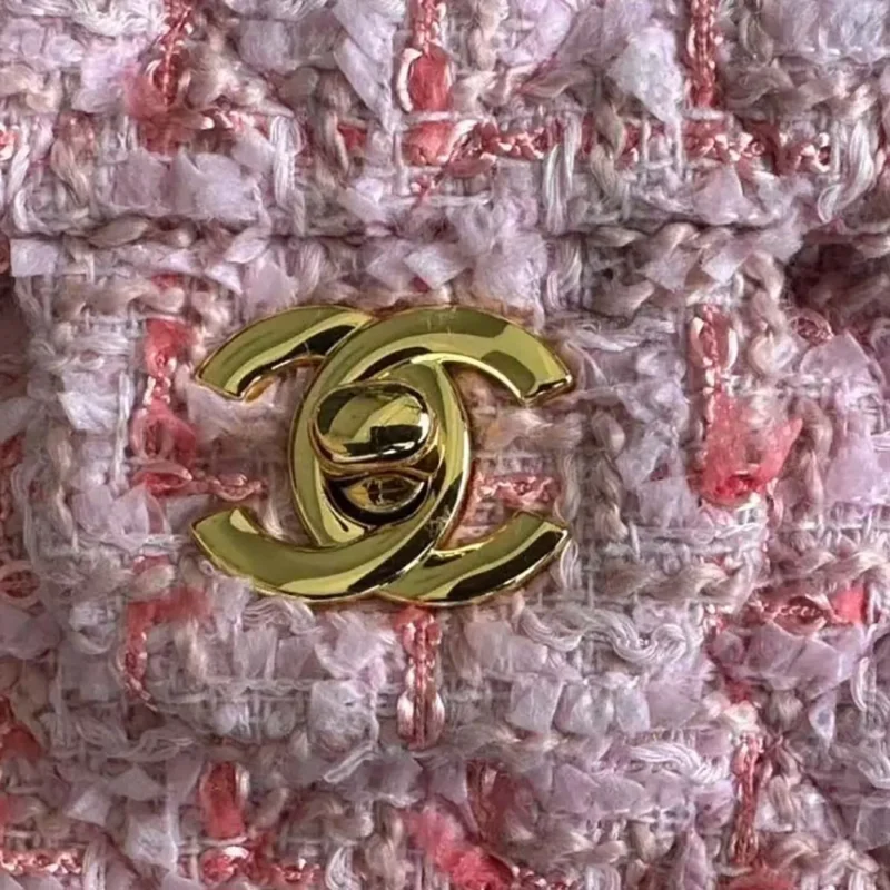 Chanel Women CC Mini Classic Handbag Tweed Gold Tone Metal-Pink