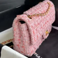 Chanel Women CC Mini Classic Handbag Tweed Gold Tone Metal-Pink