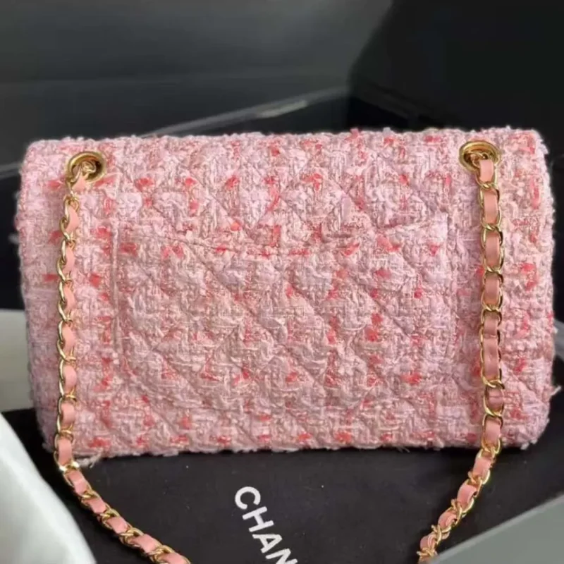Chanel Women CC Mini Classic Handbag Tweed Gold Tone Metal-Pink
