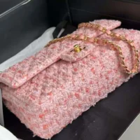 Chanel Women CC Mini Classic Handbag Tweed Gold Tone Metal-Pink