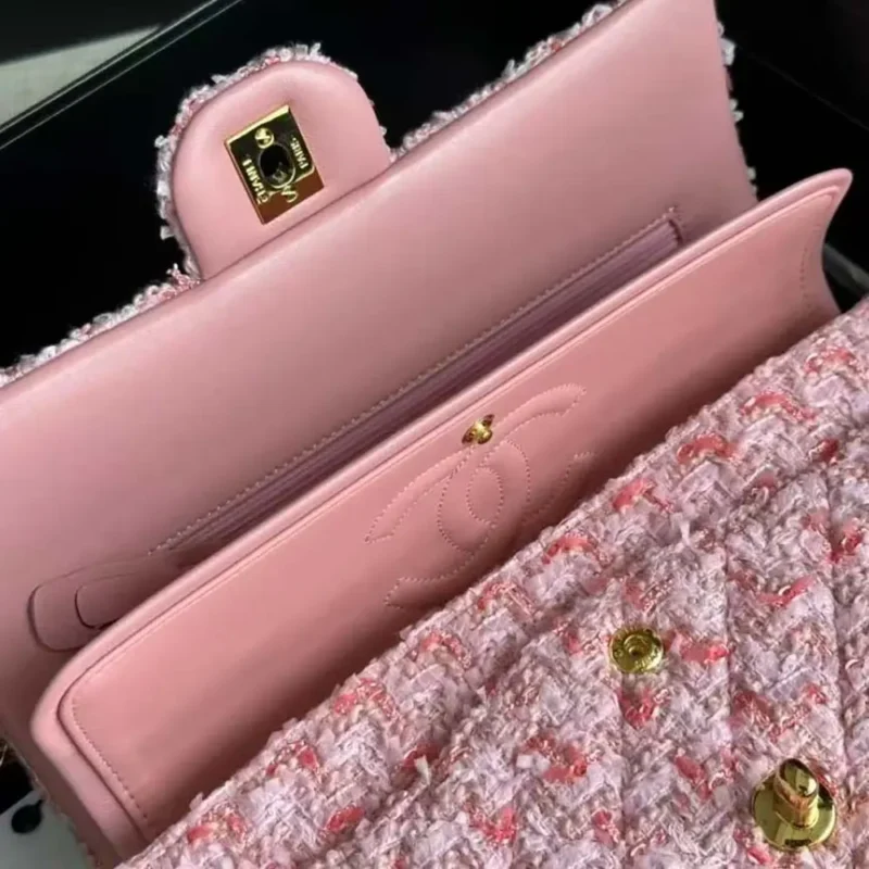 Chanel Women CC Mini Classic Handbag Tweed Gold Tone Metal-Pink