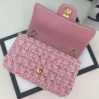 Chanel Women CC Mini Classic Handbag Tweed Gold Tone Metal-Pink