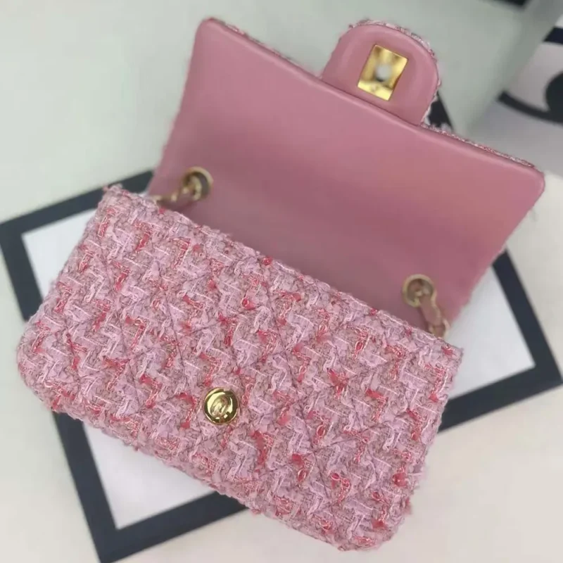 Chanel Women CC Mini Classic Handbag Tweed Gold Tone Metal-Pink