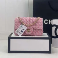 Chanel Women CC Mini Classic Handbag Tweed Gold Tone Metal-Pink