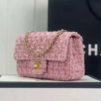 Chanel Women CC Mini Classic Handbag Tweed Gold Tone Metal-Pink