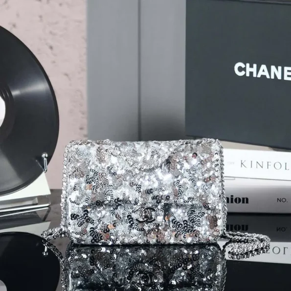Chanel Women Flap Bag Sequins Silver Tone Metal AS4561