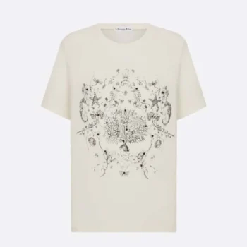 Dior Men T-Shirt White Cotton and Linen Jersey with Black Dior Cabinet de Curiosités Motif
