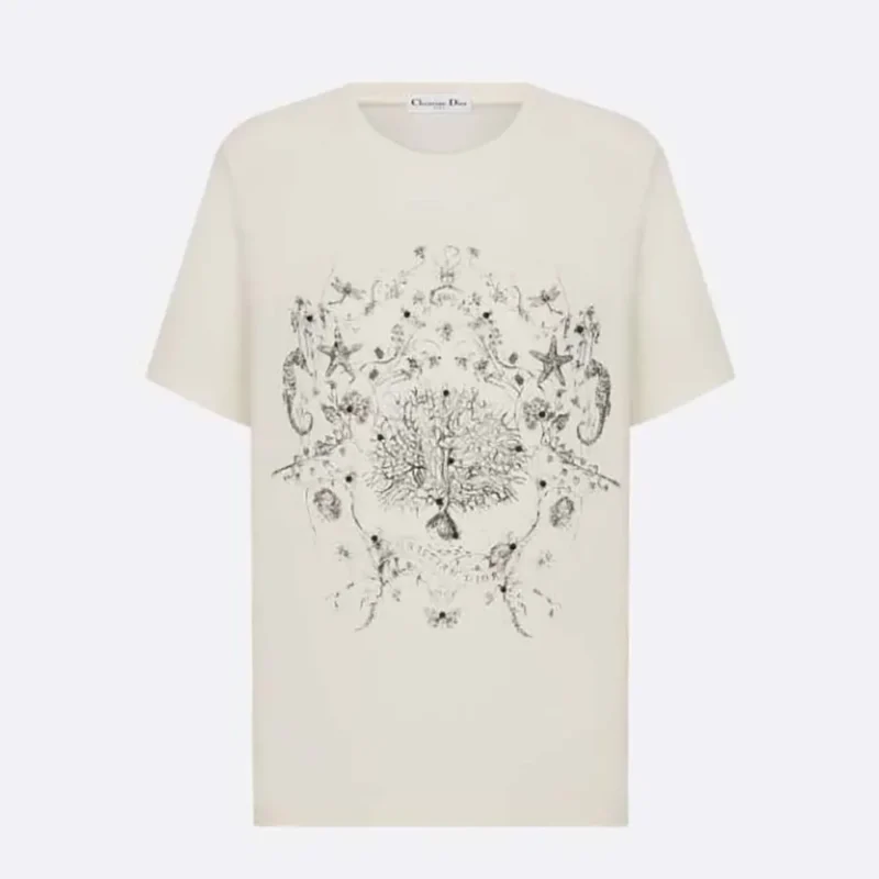 Dior Men T-Shirt White Cotton and Linen Jersey with Black Dior Cabinet de Curiosités Motif