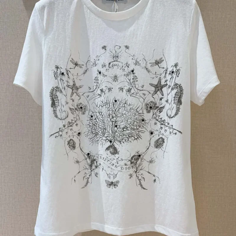 Dior Men T-Shirt White Cotton and Linen Jersey with Black Dior Cabinet de Curiosités Motif
