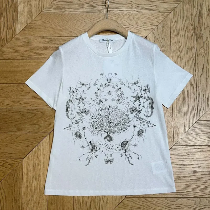 Dior Men T-Shirt White Cotton and Linen Jersey with Black Dior Cabinet de Curiosités Motif