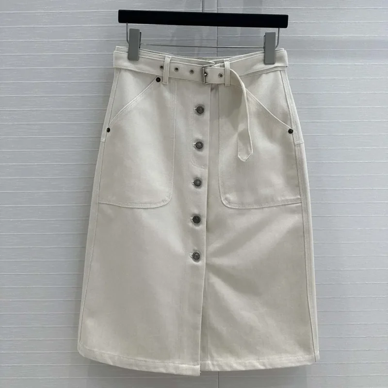 Dior Women Belted Skirt Ecru Cotton Denim with Dior Oblique Interior