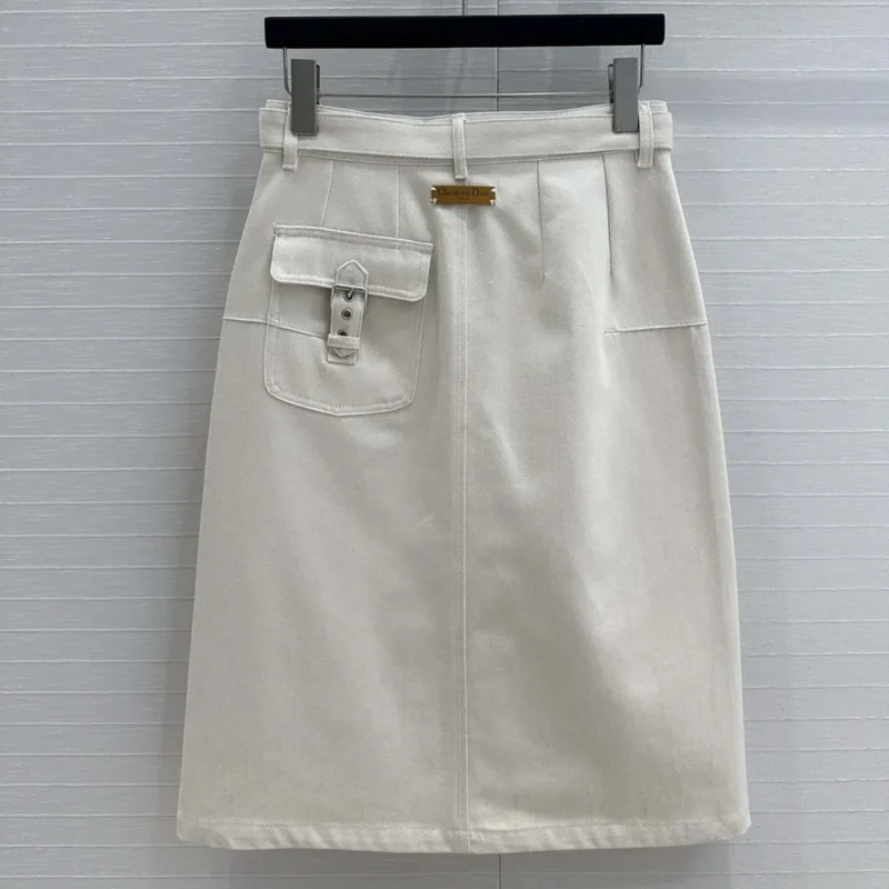 Dior Women Belted Skirt Ecru Cotton Denim with Dior Oblique Interior