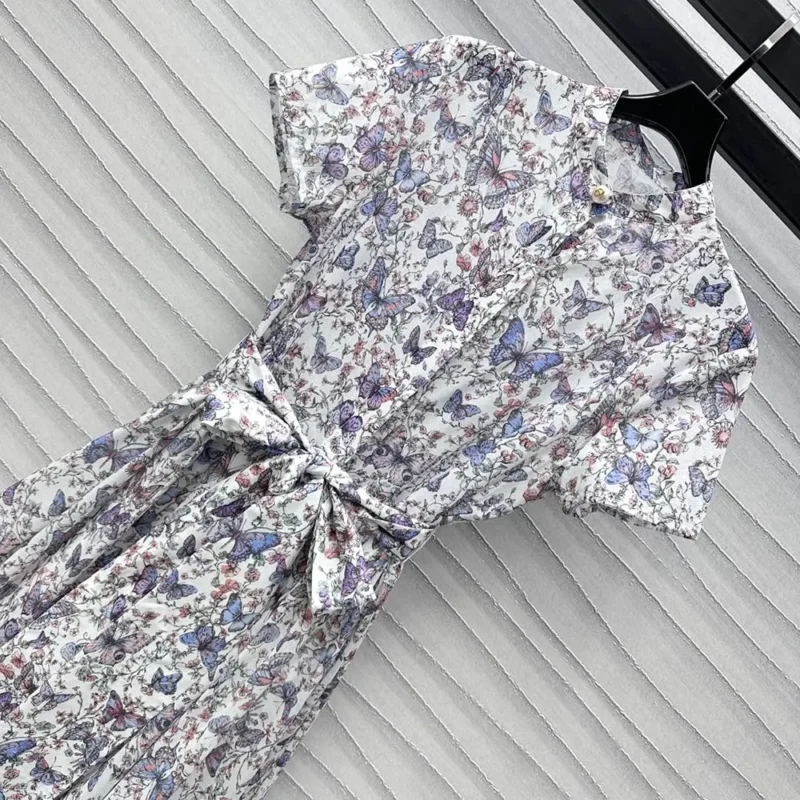 Dior Women Mid-Length Dress with Tied Belt White Cotton Muslin 521D07A3A48