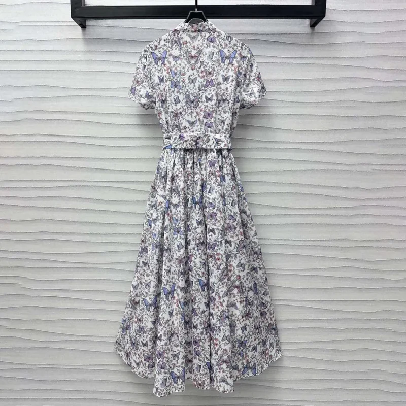 Dior Women Mid-Length Dress with Tied Belt White Cotton Muslin 521D07A3A48