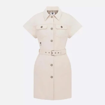 Dior Women Short Belted Shirtdress Ecru Cotton Denim with Dior Oblique Interior