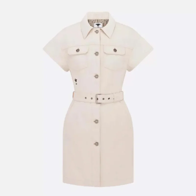 Dior Women Short Belted Shirtdress Ecru Cotton Denim with Dior Oblique Interior