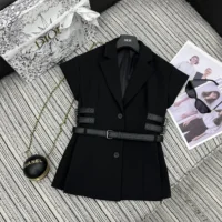 Dior Women Short-Sleeved Belted Jacket Black Virgin Wool and Silk Grain de Poudre