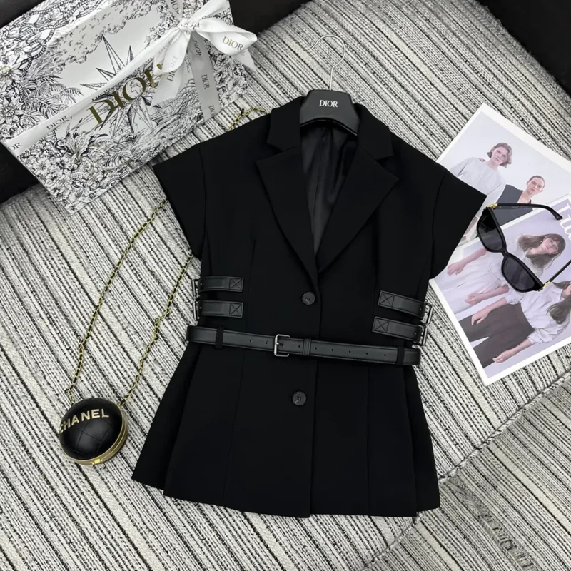 Dior Women Short-Sleeved Belted Jacket Black Virgin Wool and Silk Grain de Poudre