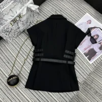 Dior Women Short-Sleeved Belted Jacket Black Virgin Wool and Silk Grain de Poudre