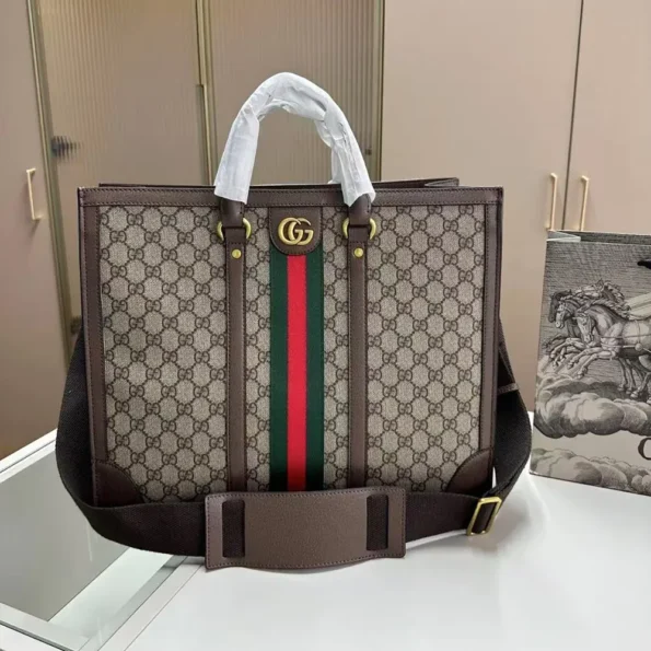 Gucci GG Unisex GG Supreme Monogram Textured Dollar Calfskin Web Large Ophidia Tote Bag
