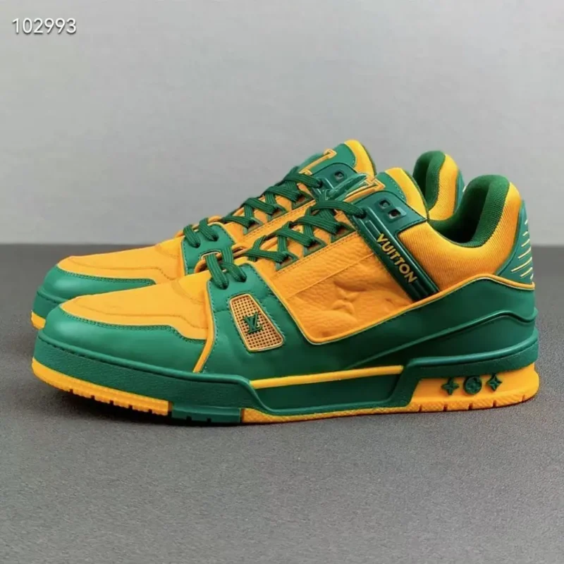 Louis Vuitton Unisex LV Trainer Sneaker Green Calf Leather Monogram Denim