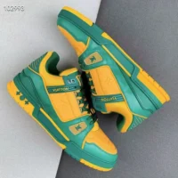 Louis Vuitton Unisex LV Trainer Sneaker Green Calf Leather Monogram Denim