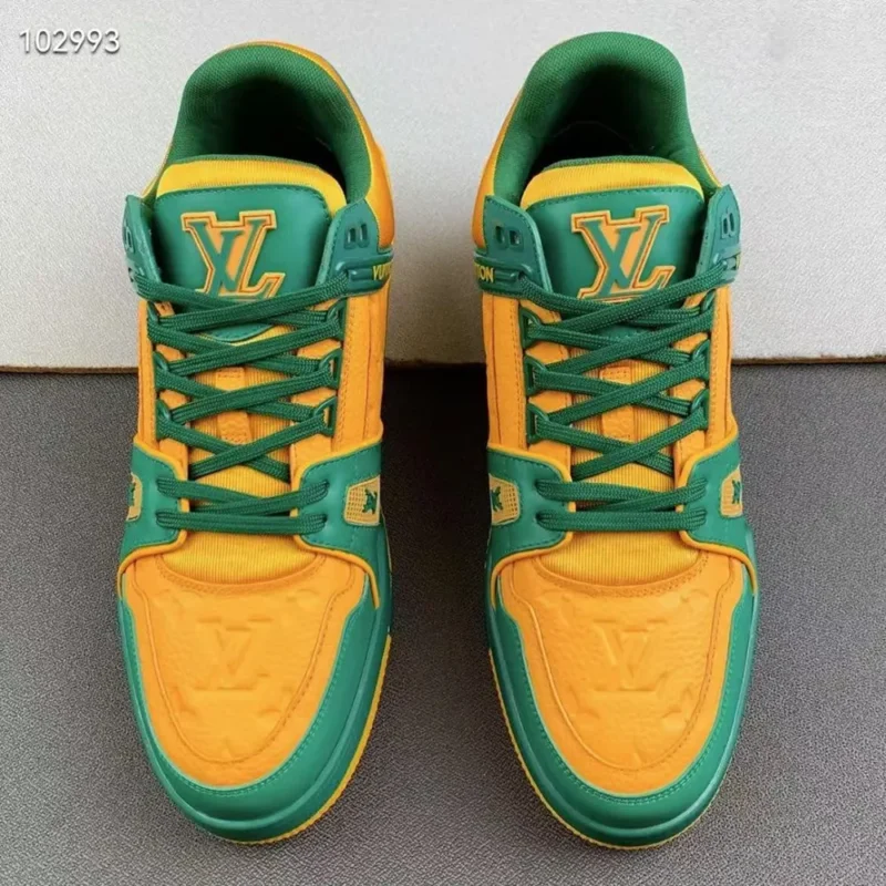 Louis Vuitton Unisex LV Trainer Sneaker Green Calf Leather Monogram Denim