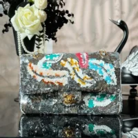 Chanel Women Classic 11.12 Handbag Embroidered Satin Sequins Glass Pearls Silver Tone Metal