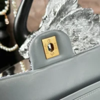 Chanel Women Classic 11.12 Handbag Embroidered Satin Sequins Glass Pearls Silver Tone Metal