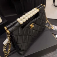 Chanel Women Small Shopping Bag Shiny Lambskin Imitation Pearls Gold Tone Metal