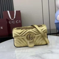 Gucci Women GG Marmont Small Shoulder Bag Double G Metallic Gold Leather