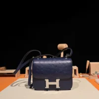 Hermes Women Constance 19 Bag Nata Ostrich Leather-Navy/Silver