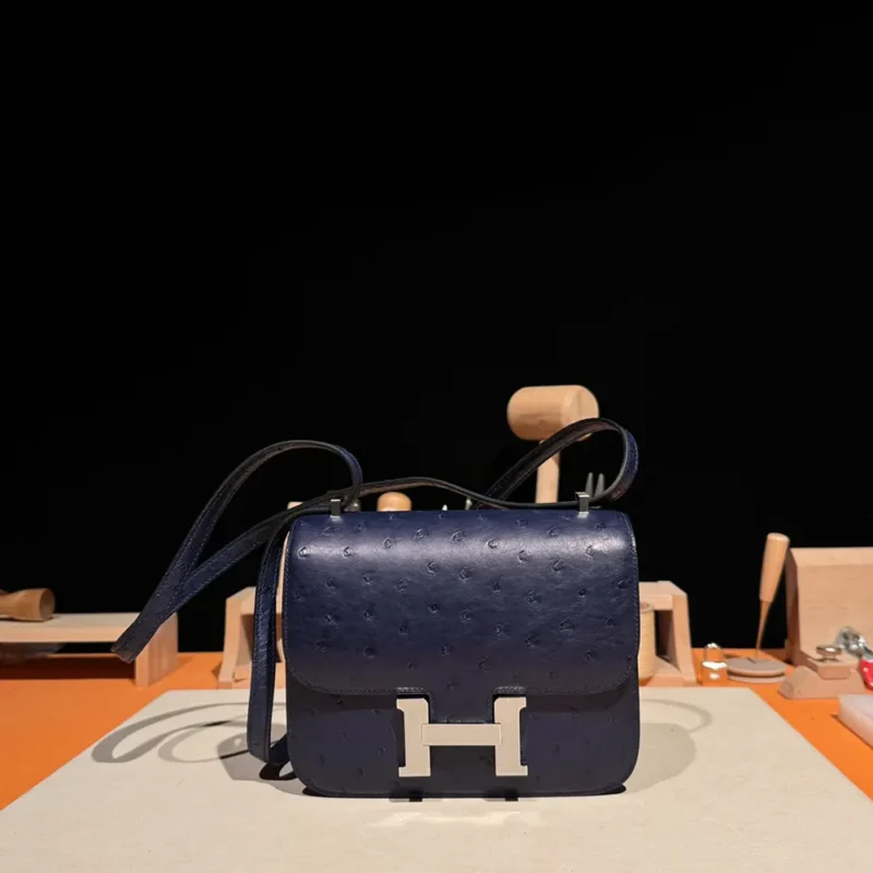 Hermes Women Constance 19 Bag Nata Ostrich Leather-Navy/Silver
