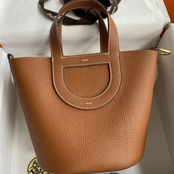 Hermes Women In the Loop 18 Handbag Clemence Leather-Brown/Gold