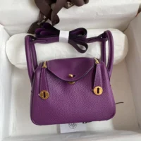 Hermes Women Lindy Mini 19 in Clemence Leather-Purple/Gold