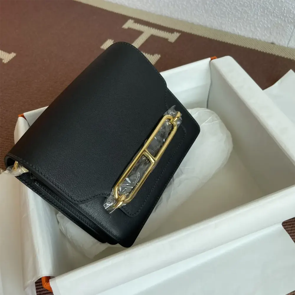 Hermes Women Roulis Mini Bag in Evergrain Calfskin-BlackGold (2) Hermes Women Roulis Mini Bag in Evergrain Calfskin-Black